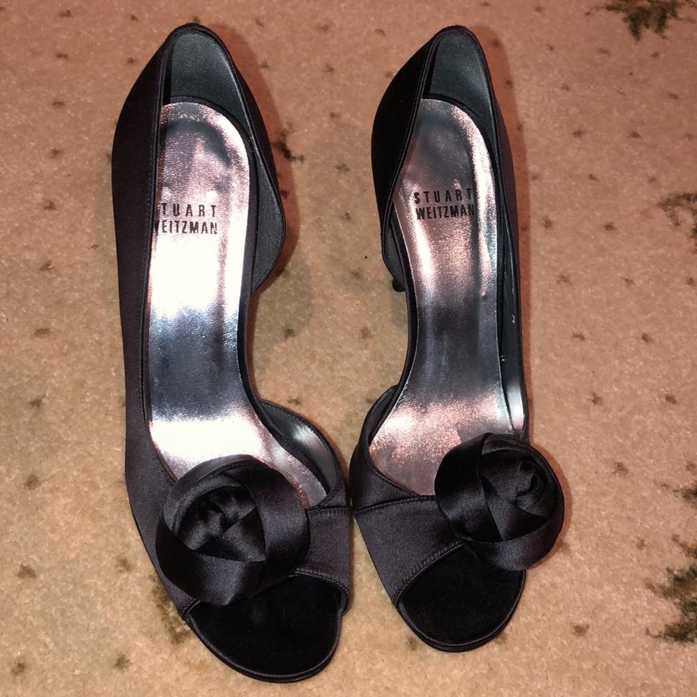 Stuart Weitzman Black Open Toe Heel with Rose
